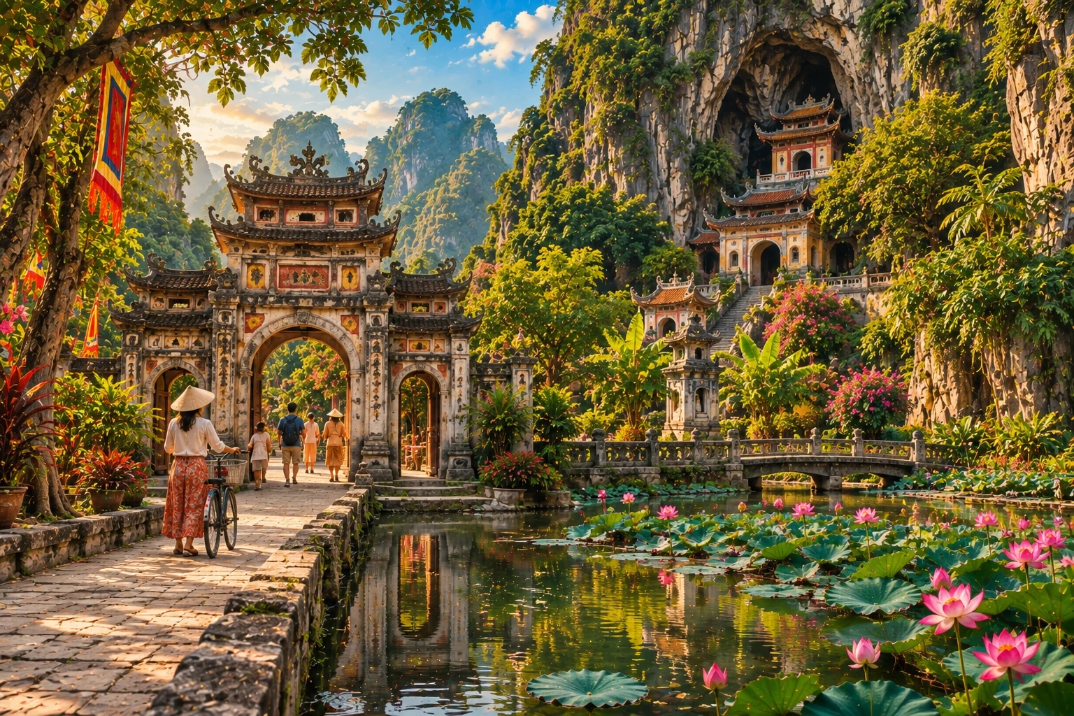 Illustrated view of Bich Dong Pagoda in Ninh Binh