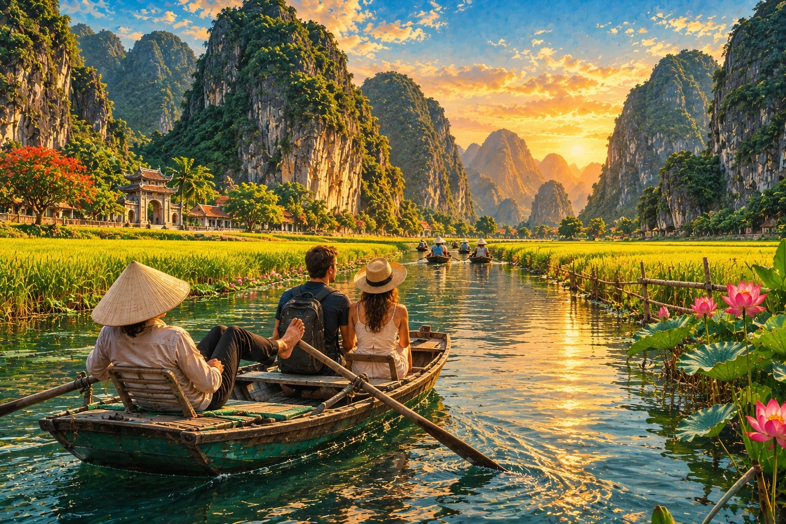 Illustrated view of Tam Coc in Ninh Binh
