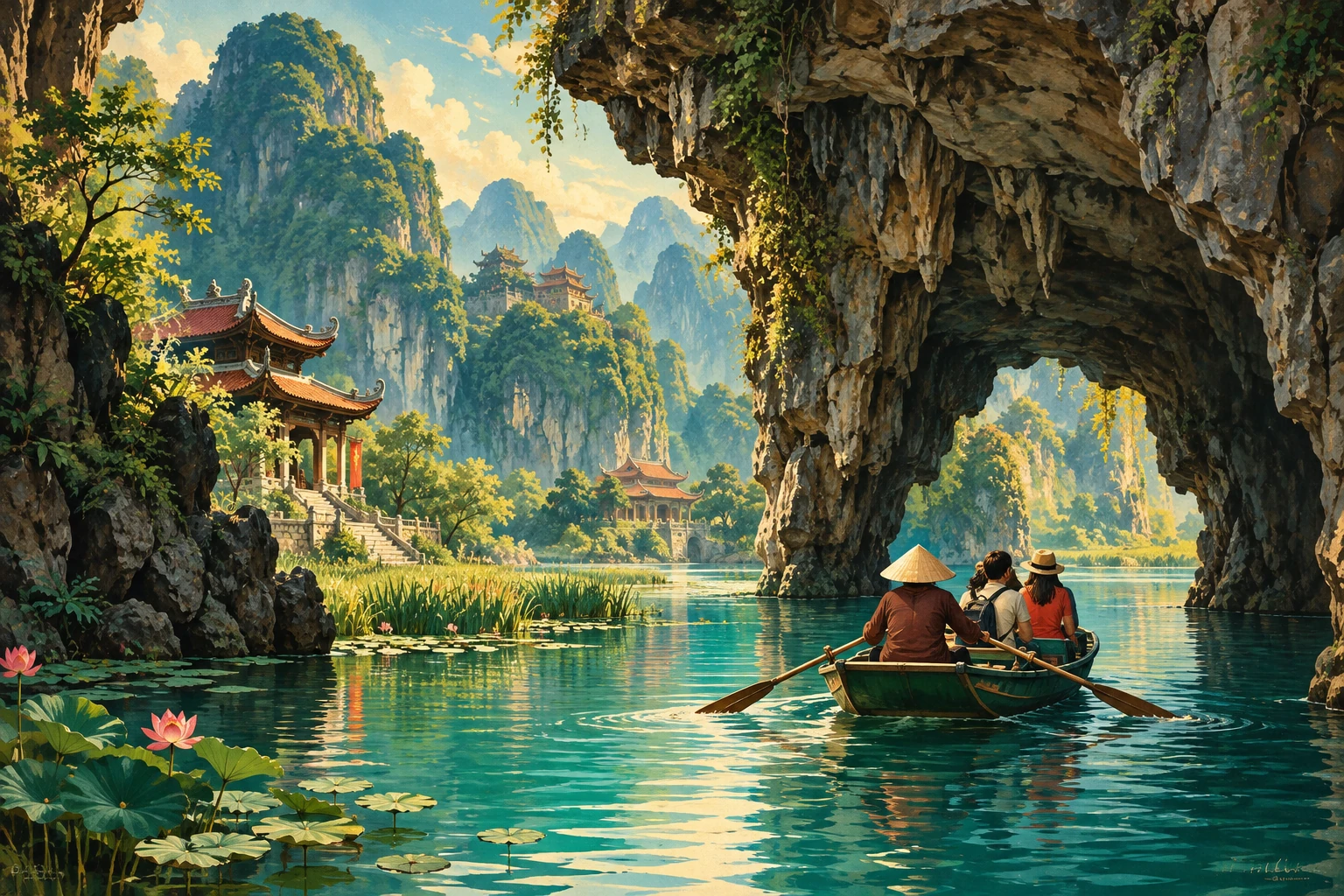 Illustrated view of Trang An Landscape Complex in Ninh Binh