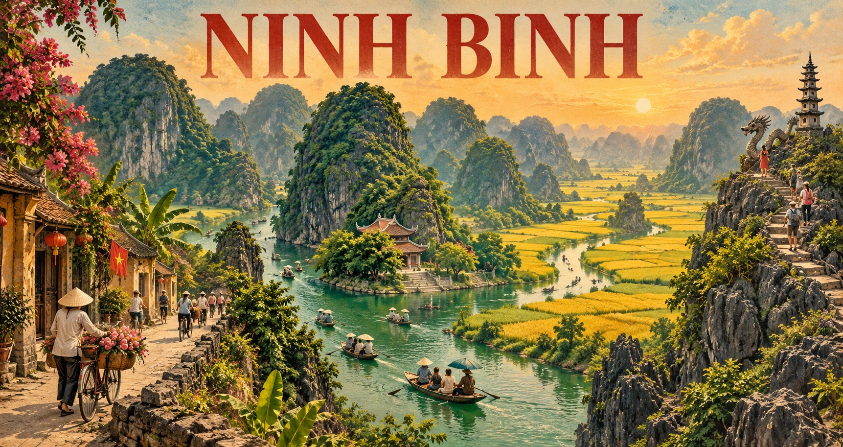 Vintage illustrated panorama of Ninh Binh, Vietnam