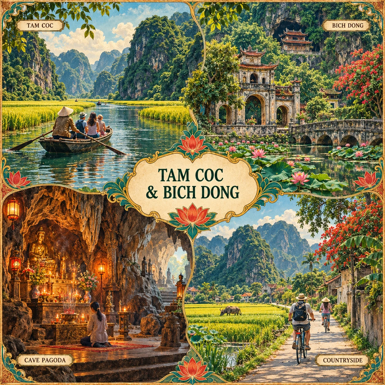 Illustrated Tam Coc and Bich Dong route in Ninh Binh