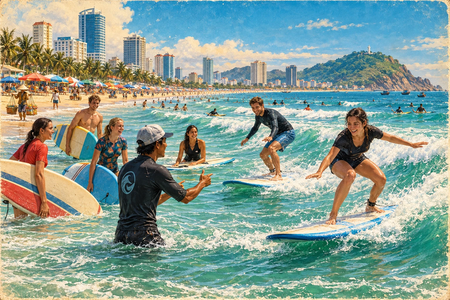 Travelers enjoying Back Beach Surf Experience in Vung Tau