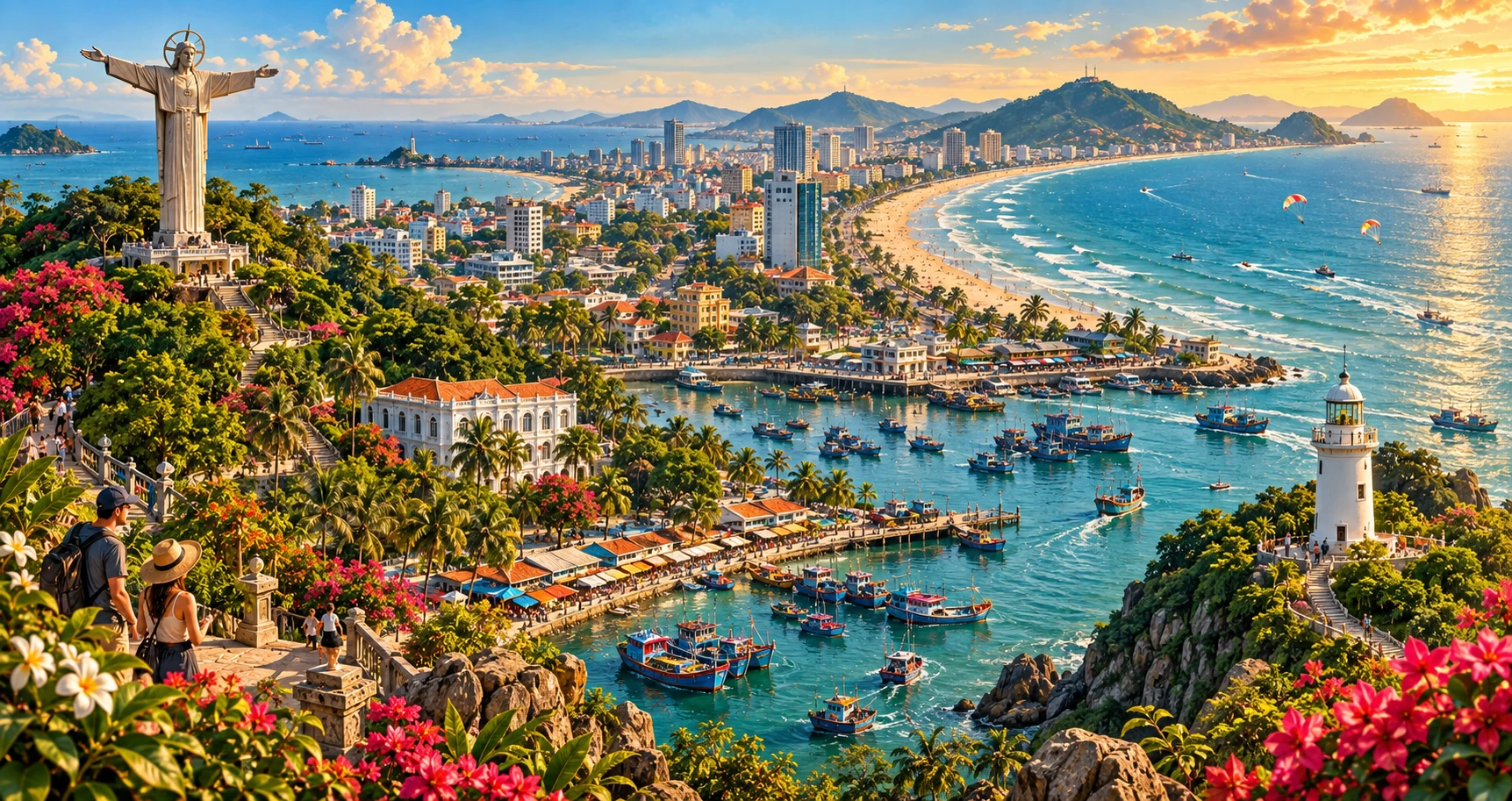 Vintage illustrated panorama of Vung Tau, Vietnam