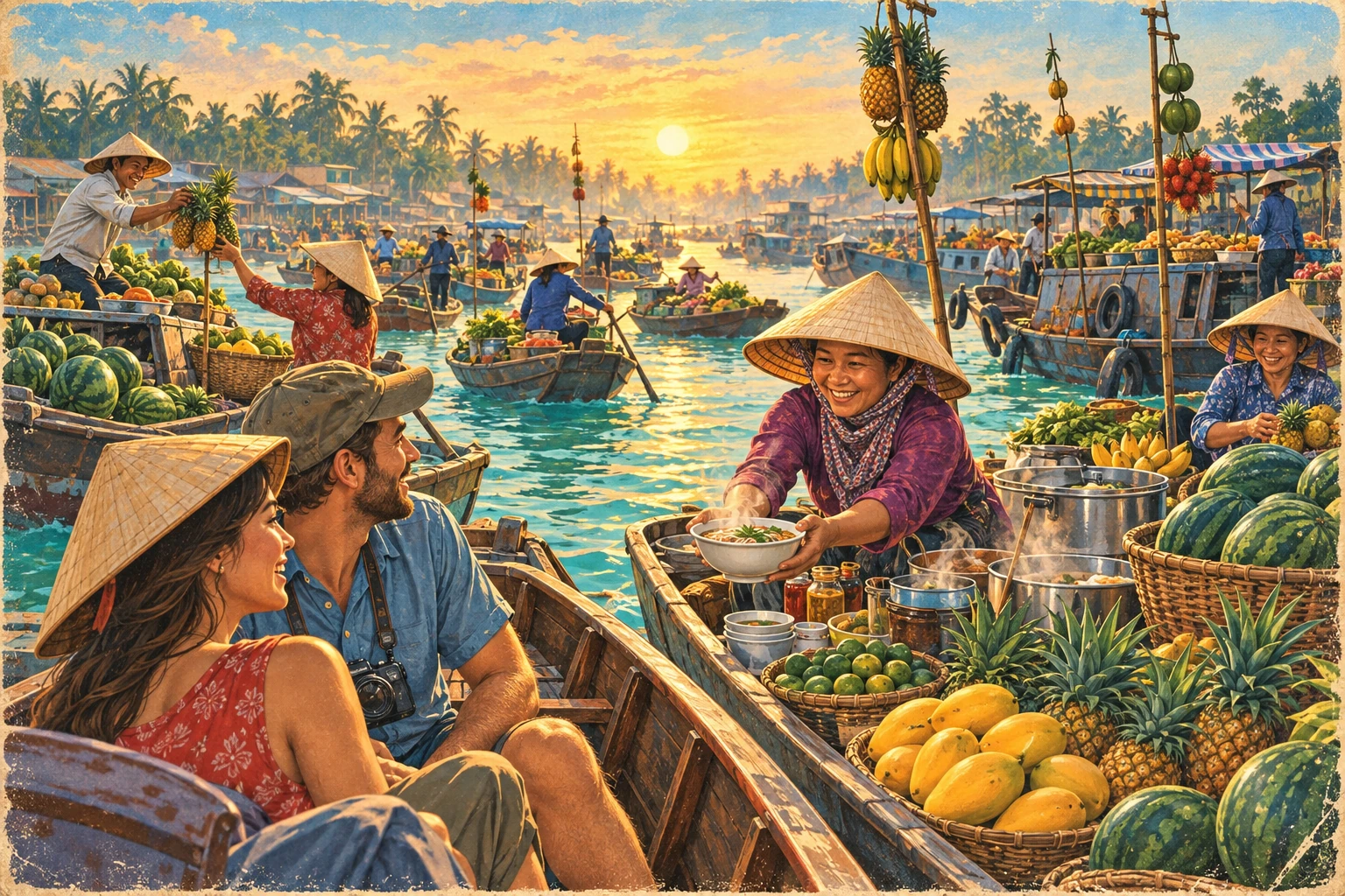 Travelers enjoying Cai Rang Sunrise Boat Tour in Can Tho