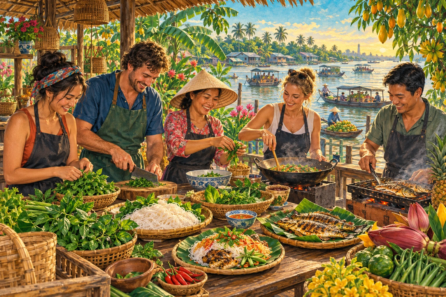 Travelers enjoying Mekong Delta Cooking Class in Can Tho