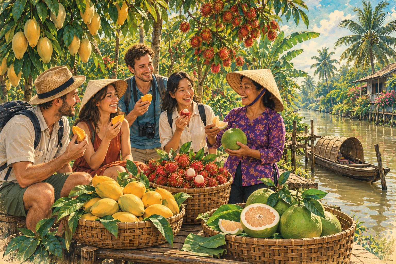 Travelers enjoying Mekong Fruit Orchard Tour in Can Tho