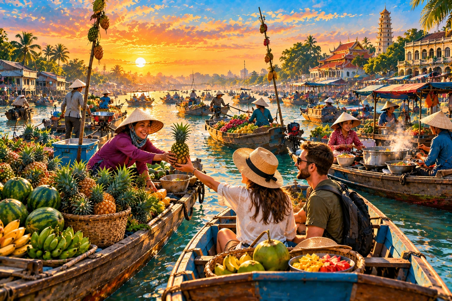 Illustrated view of Cai Rang Floating Market in Can Tho
