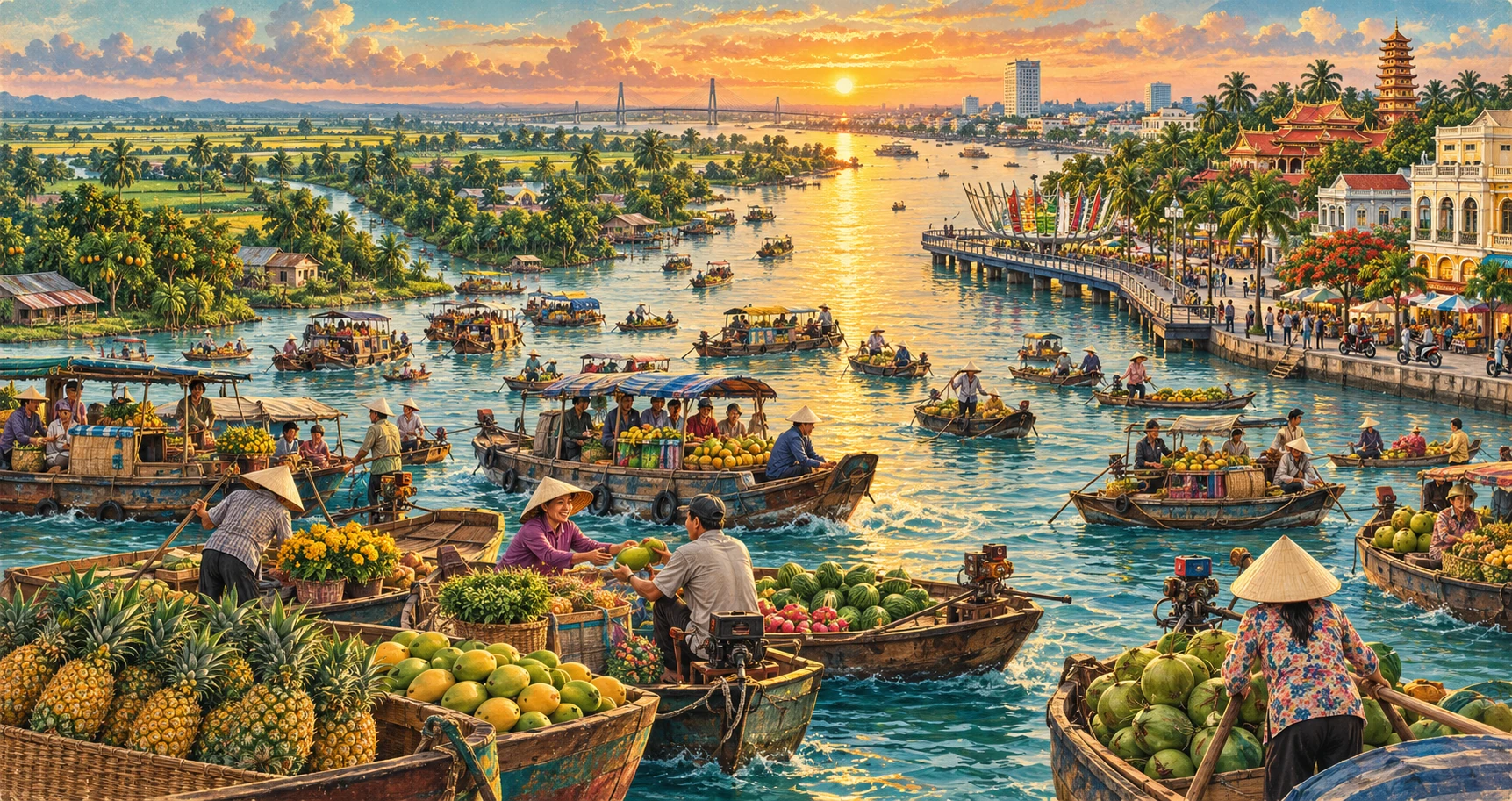 Vintage illustrated panorama of Can Tho, Vietnam