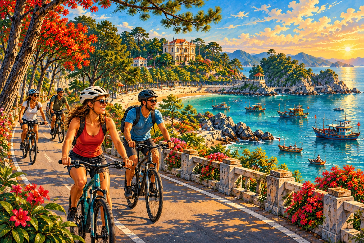 Travelers enjoying Do Son Coastal Cycling Tour in Hai Phong