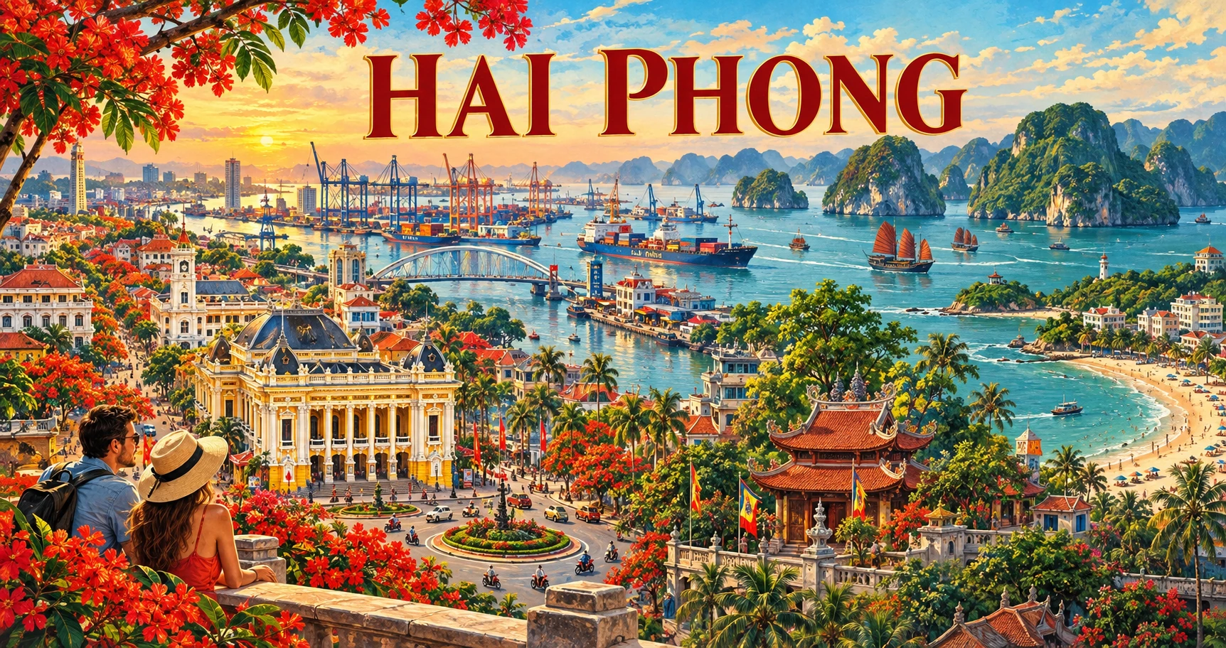 Vintage illustrated panorama of Hai Phong, Vietnam