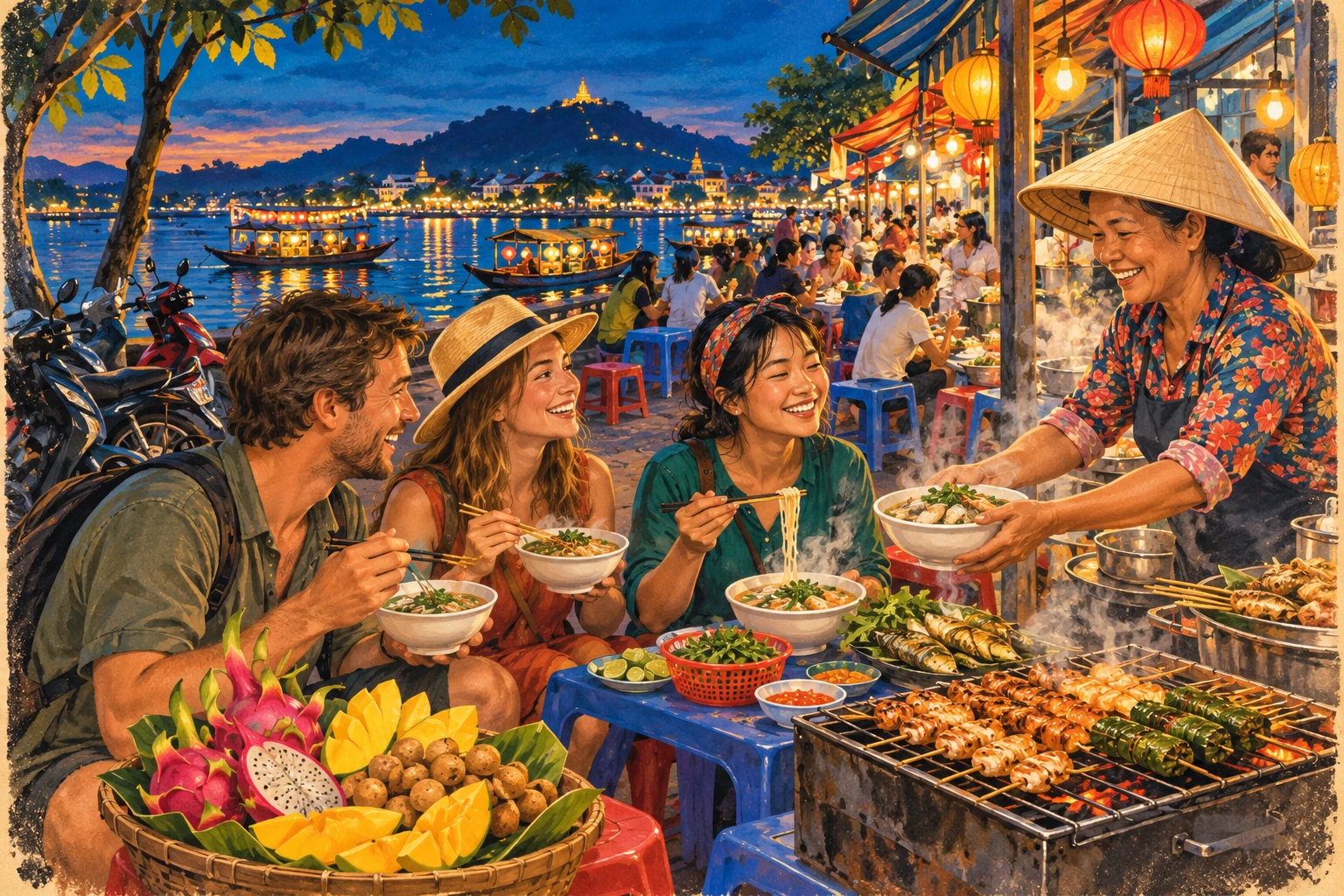Travelers enjoying An Giang Street Food Tour in An Giang