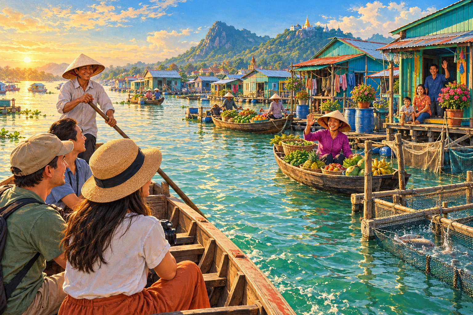 Travelers enjoying Chau Doc Floating Village Tour in An Giang