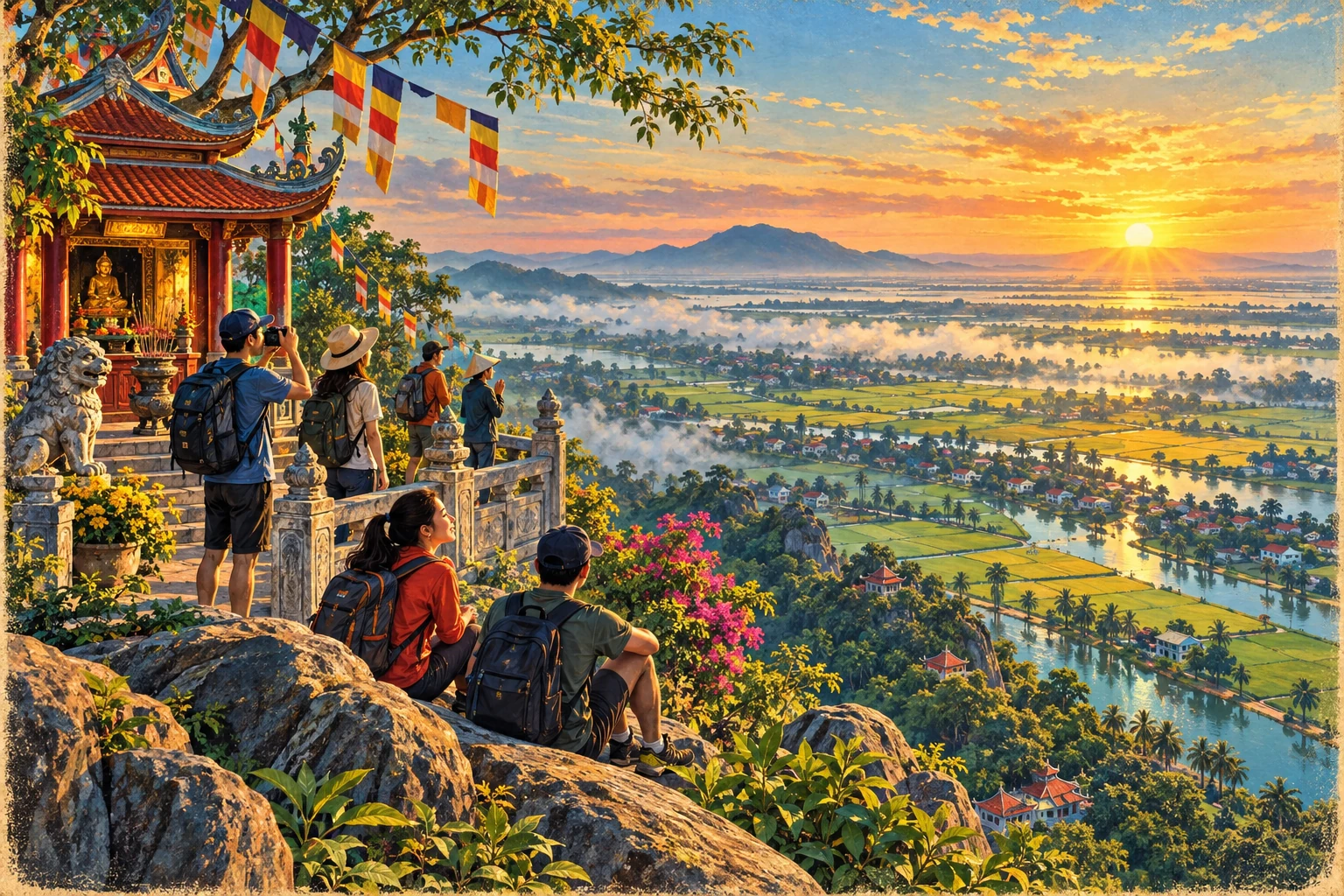 Travelers enjoying Sam Mountain Sunrise Tour in An Giang