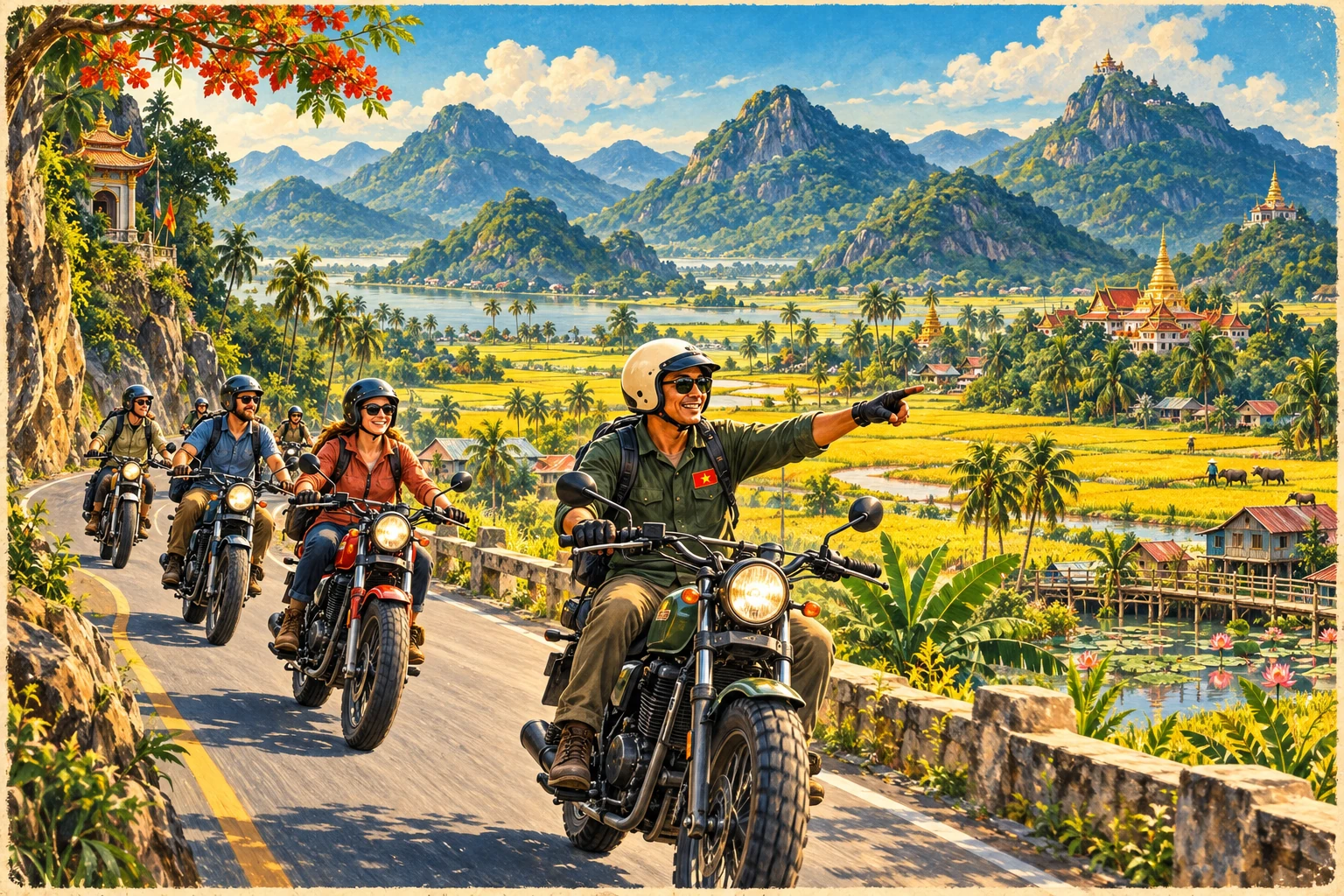 Travelers enjoying Seven Mountains Motorbike Tour in An Giang