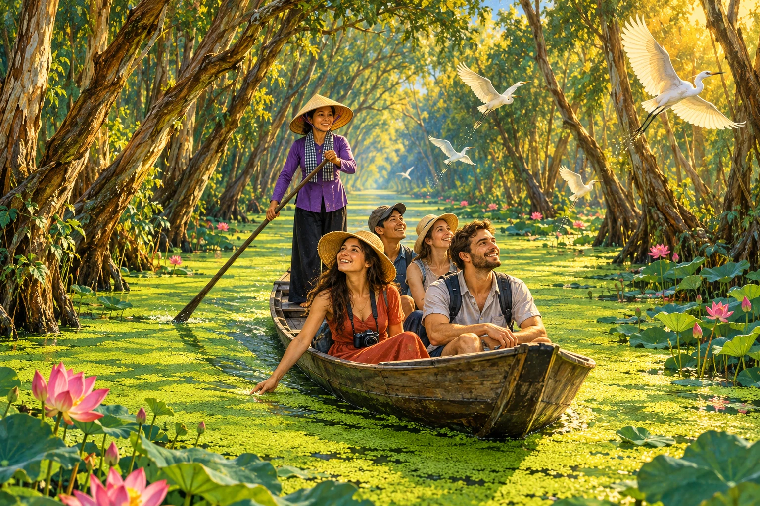 Travelers enjoying Tra Su Cajuput Forest Boat Tour in An Giang