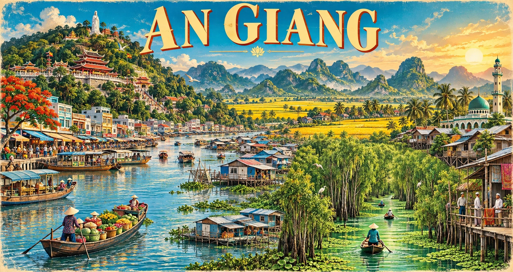 Vintage illustrated panorama of An Giang, Vietnam