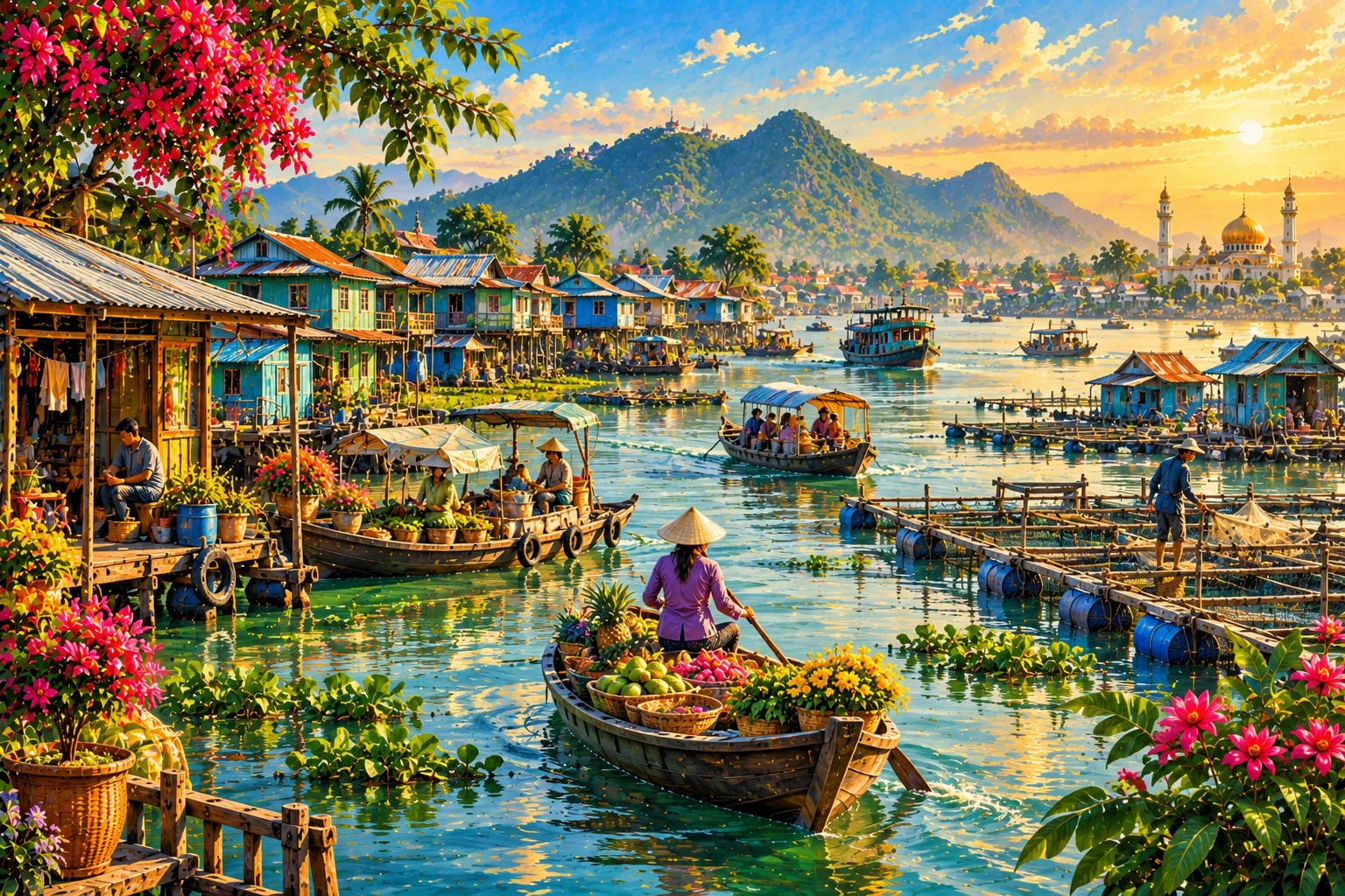 Illustrated view of Chau Doc Floating Village in An Giang