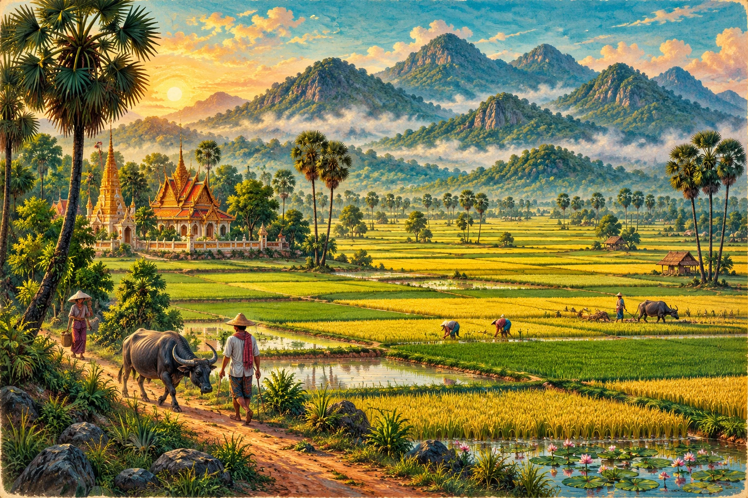 Atmospheric illustrated view of Ta Pa Rice Fields