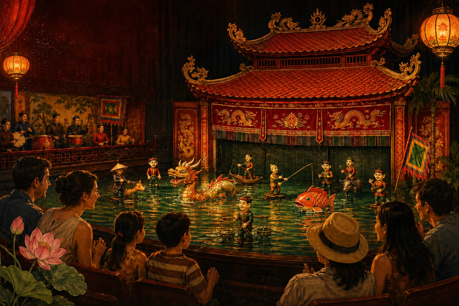 Travelers enjoying Thang Long Water Puppet Show in Hanoi