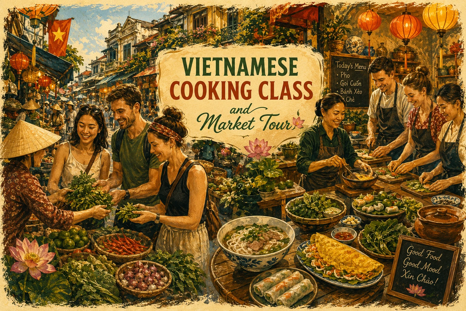 Travelers enjoying Vietnamese Cooking Class Market Tour in Hanoi