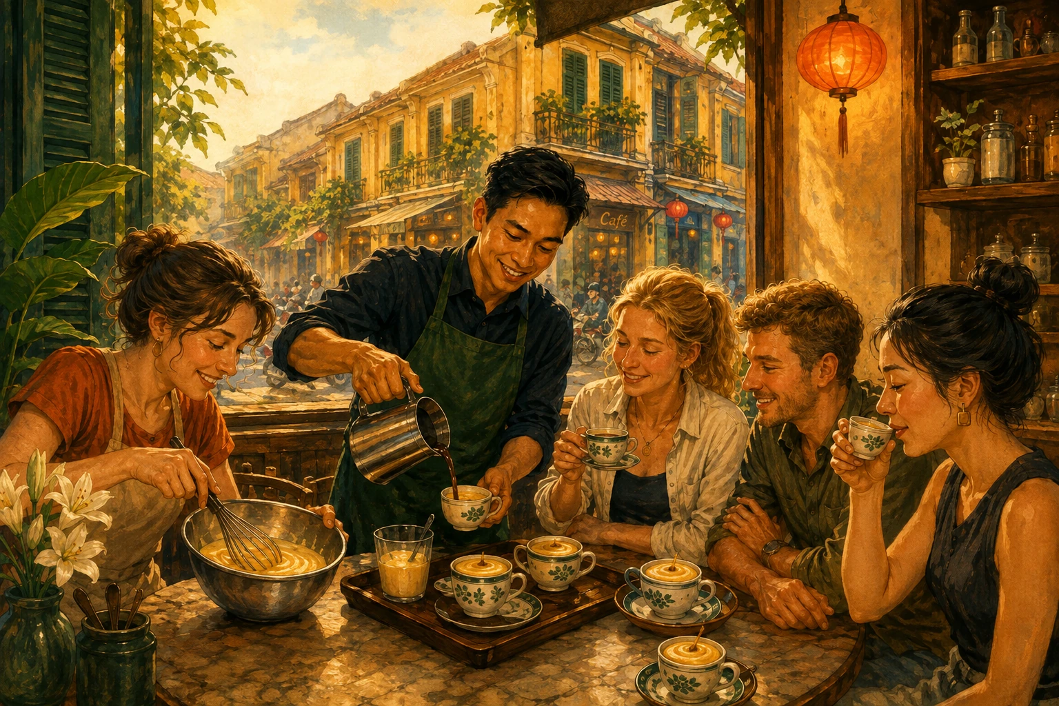 Travelers enjoying Vietnamese Egg Coffee Workshop in Hanoi
