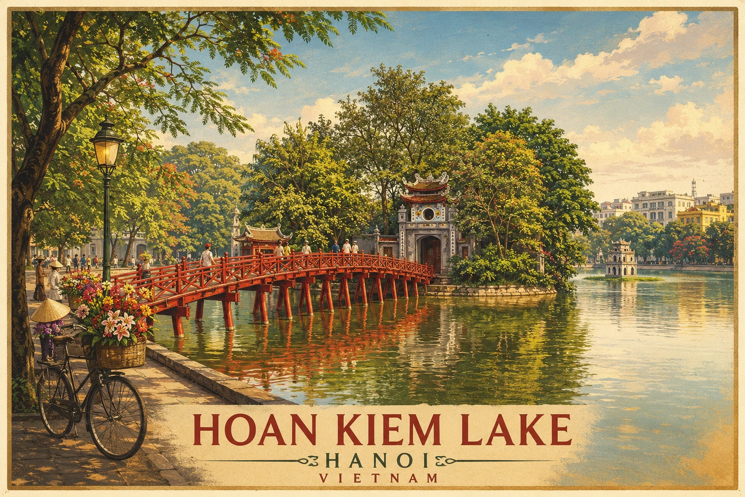 Illustrated view of Hoan Kiem Lake Ngoc Son Temple in Hanoi