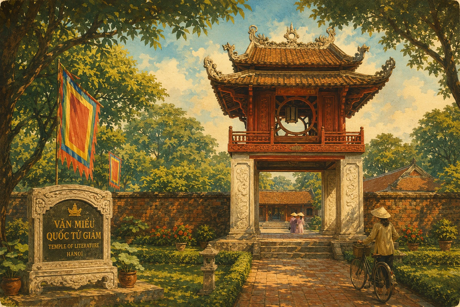 Illustrated view of Temple of Literature in Hanoi
