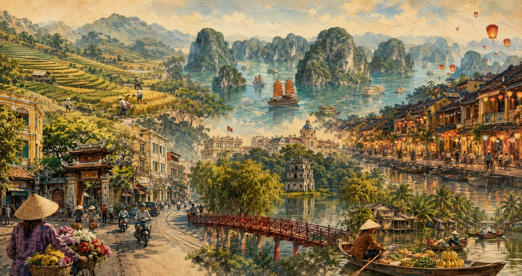 Vintage illustrated panorama of Hanoi, Vietnam