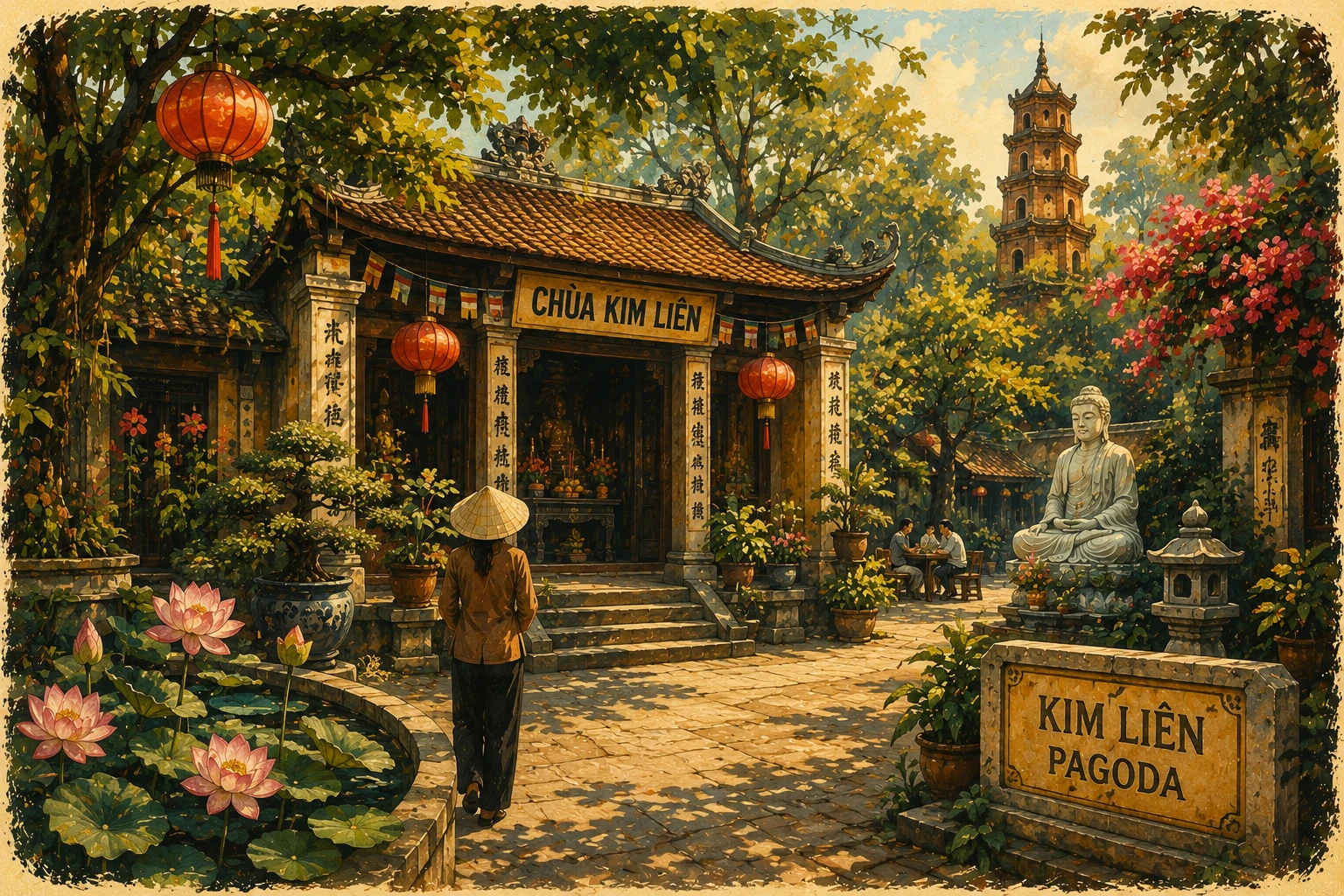 Atmospheric illustrated view of Kim Lien Pagoda