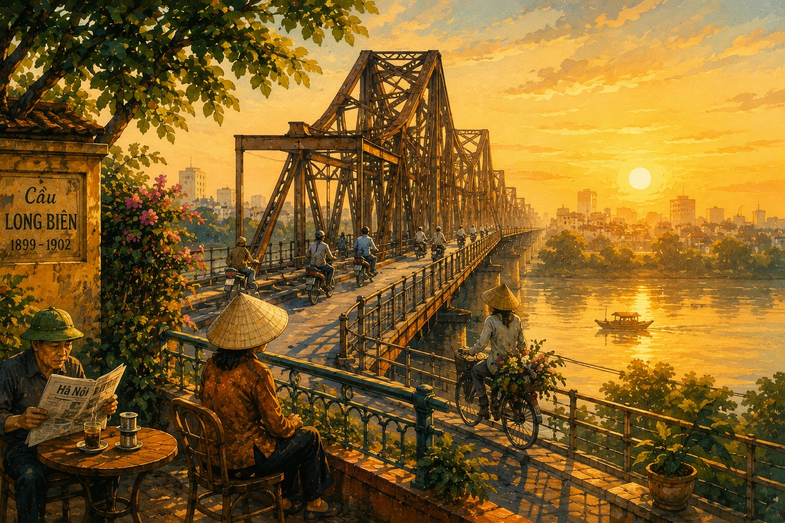 Atmospheric illustrated view of Long Bien Bridge Sunrise