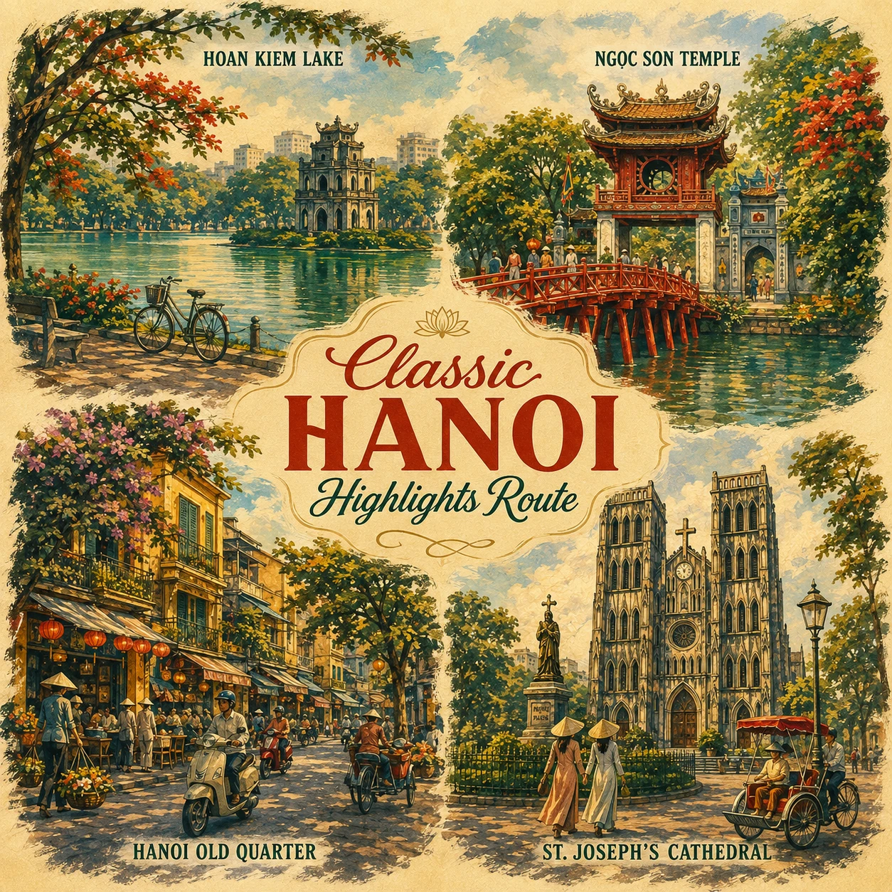 Illustrated Classic Hanoi Highlights route in Hanoi