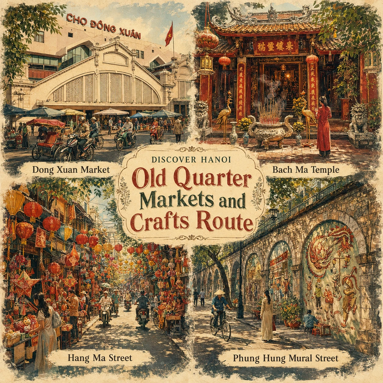 Illustrated Old Quarter Markets Crafts route in Hanoi