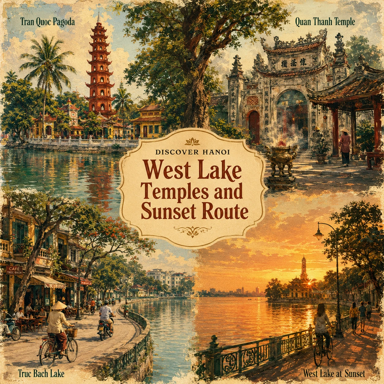 Illustrated West Lake Temples Sunset route in Hanoi