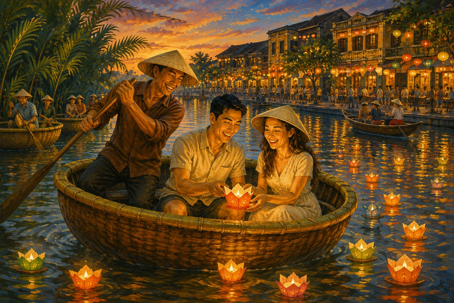 Travelers enjoying Hoi An Basket Boat Lantern Experience in Da Nang