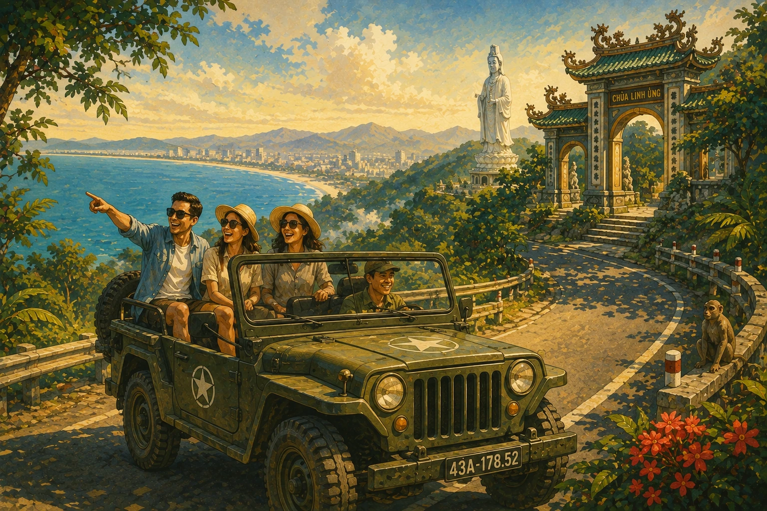Travelers enjoying Son Tra Peninsula Jeep Adventure in Da Nang