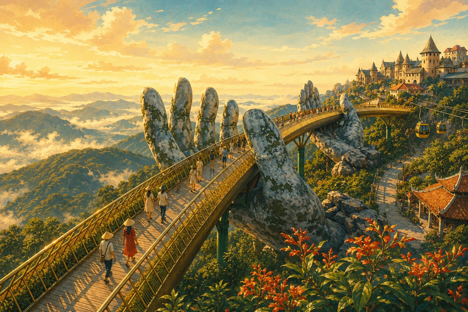 Illustrated view of Golden Bridge Ba Na Hills in Da Nang