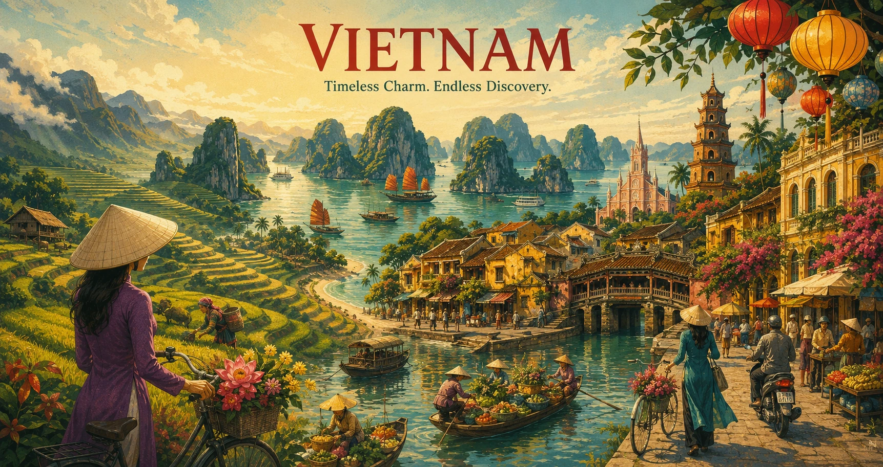 Vintage illustrated panorama of Da Nang, Vietnam