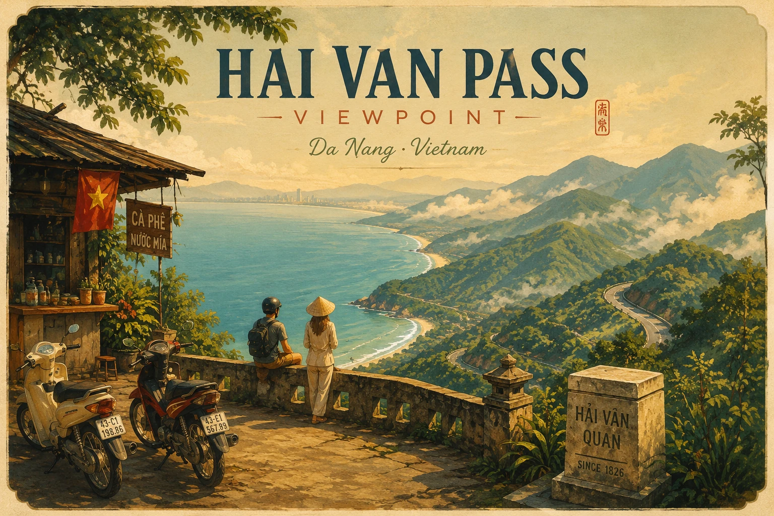 Atmospheric illustrated view of Hai Van Pass Viewpoint