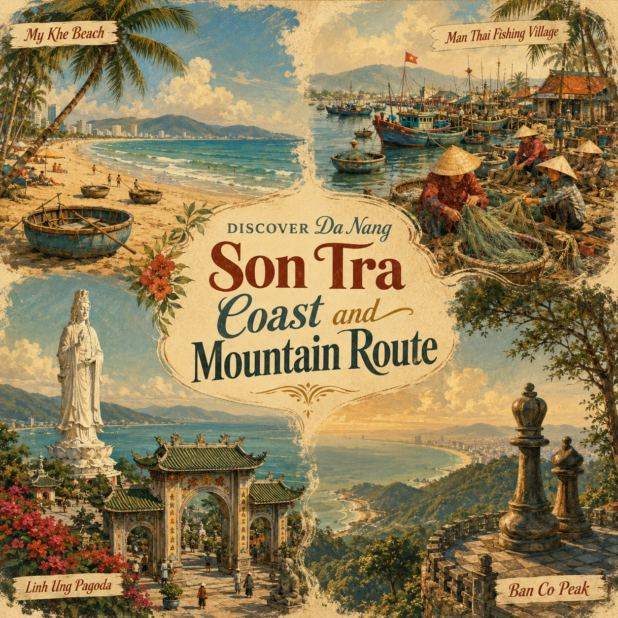 Illustrated Son Tra Coast Mountain route in Da Nang