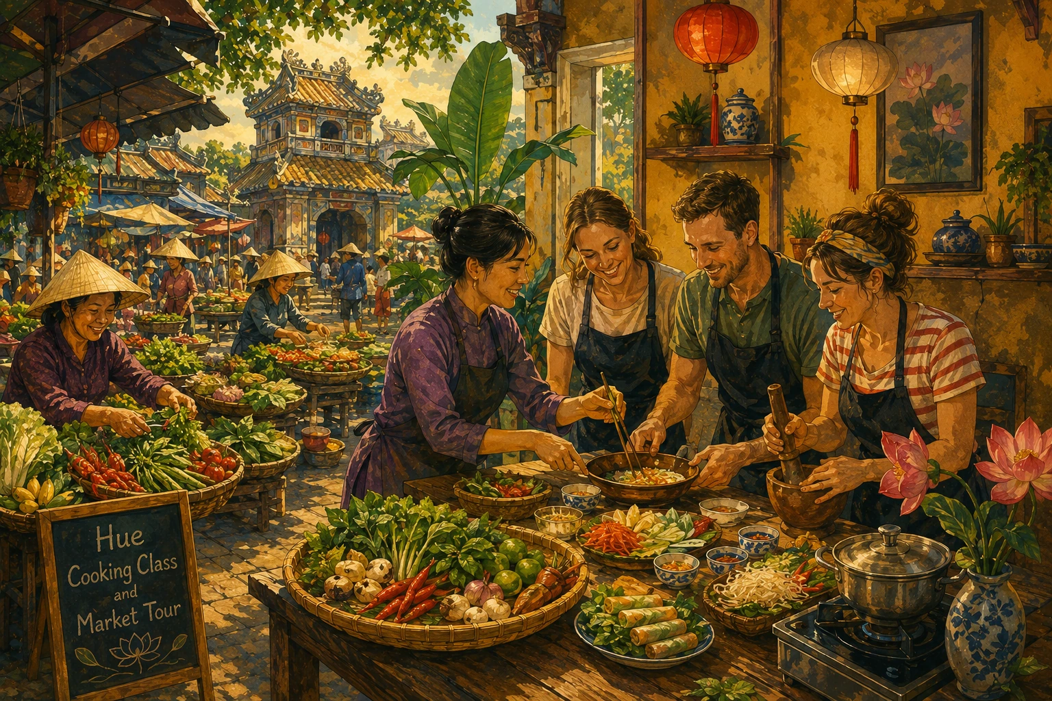 Travelers enjoying Hue Cooking Class Market Tour in Hue