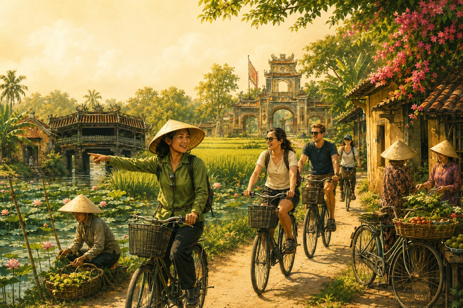 Travelers enjoying Hue Countryside Cycling Tour in Hue