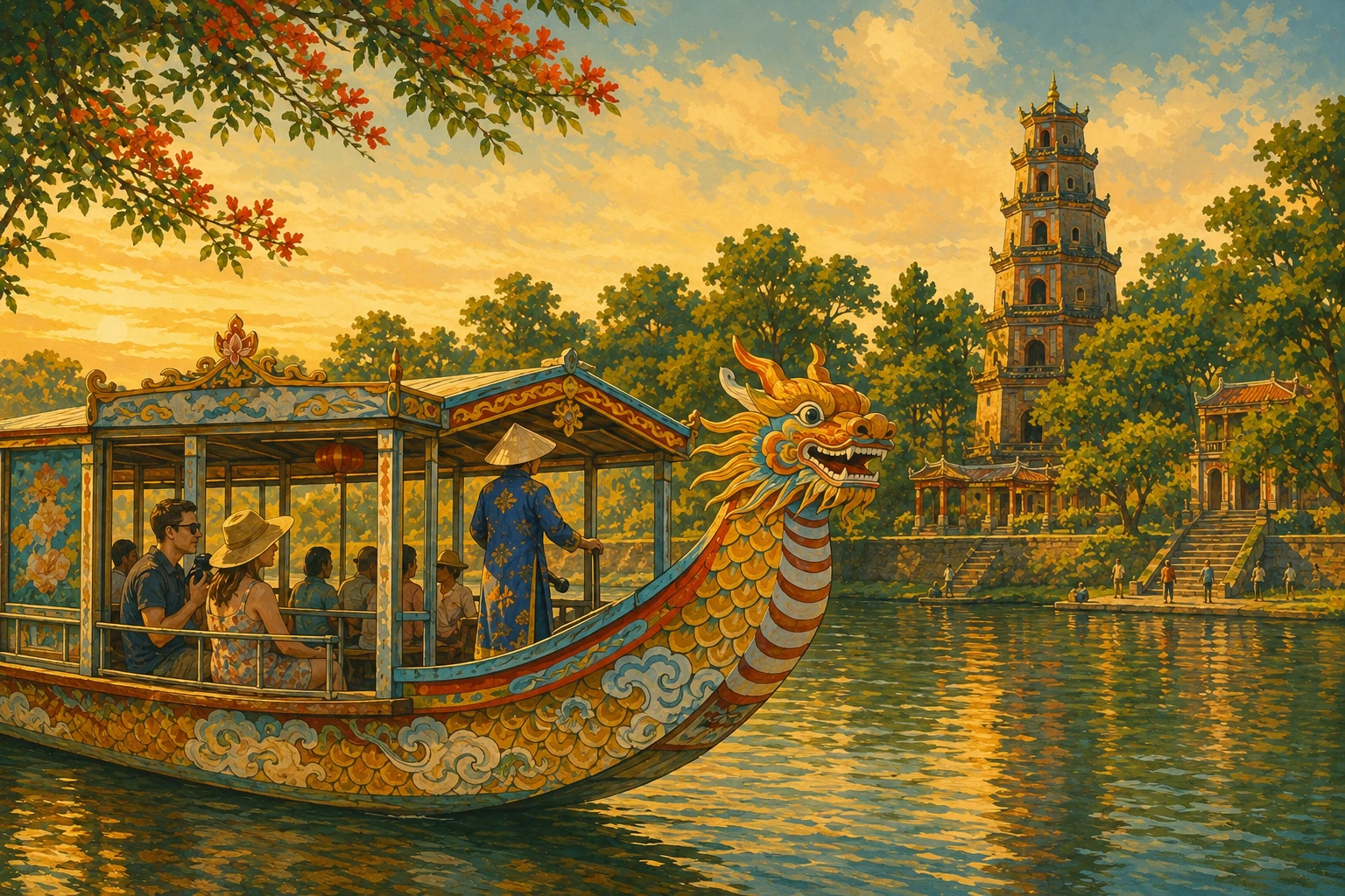Travelers enjoying Perfume River Dragon Boat Cruise in Hue