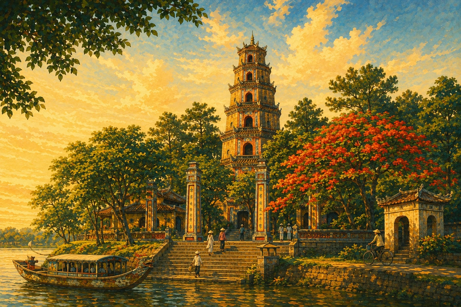 Illustrated view of Thien Mu Pagoda in Hue
