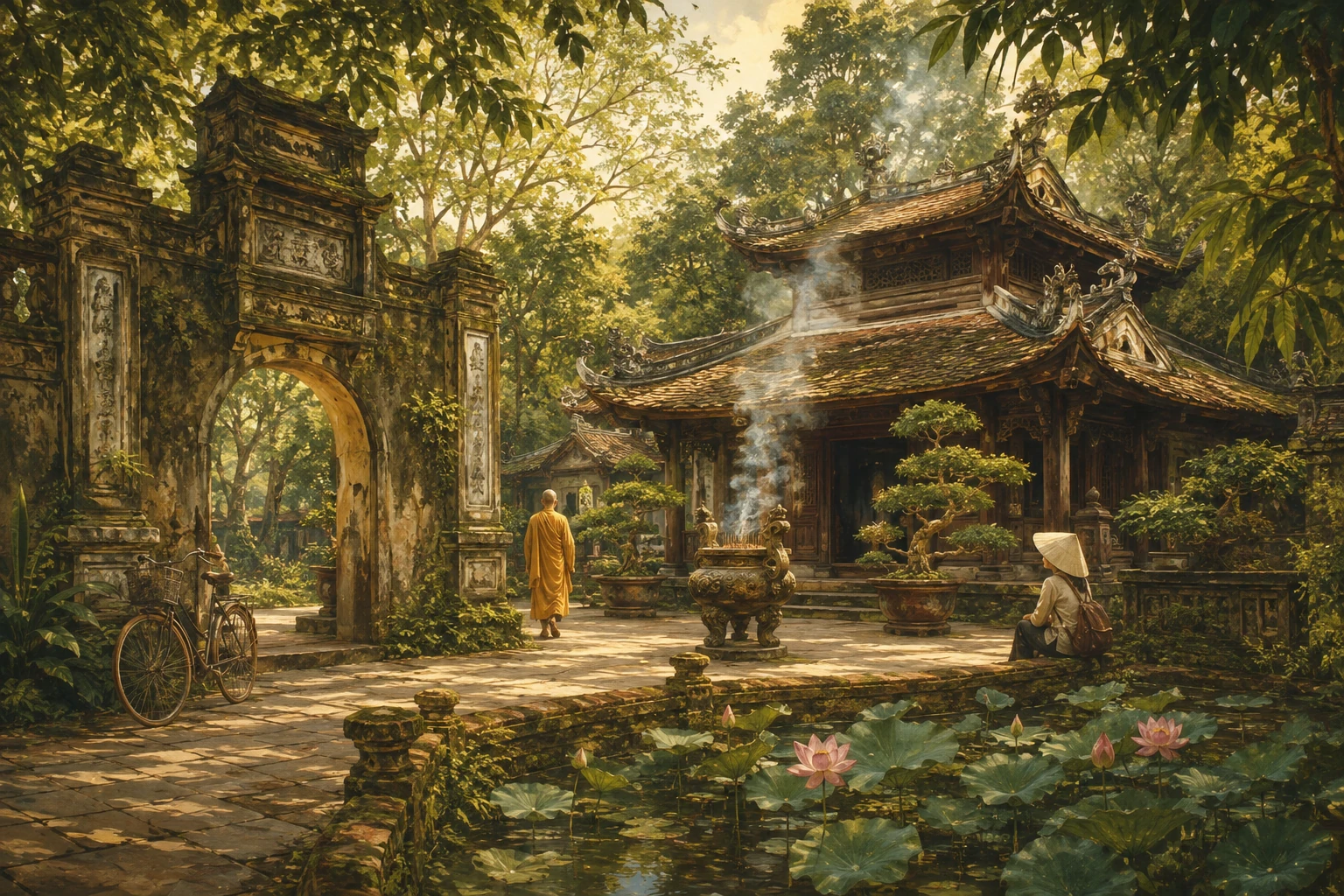 Atmospheric illustrated view of Tu Hieu Pagoda