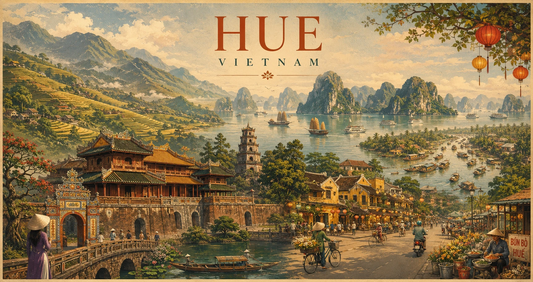 Vintage illustrated panorama of Hue, Vietnam