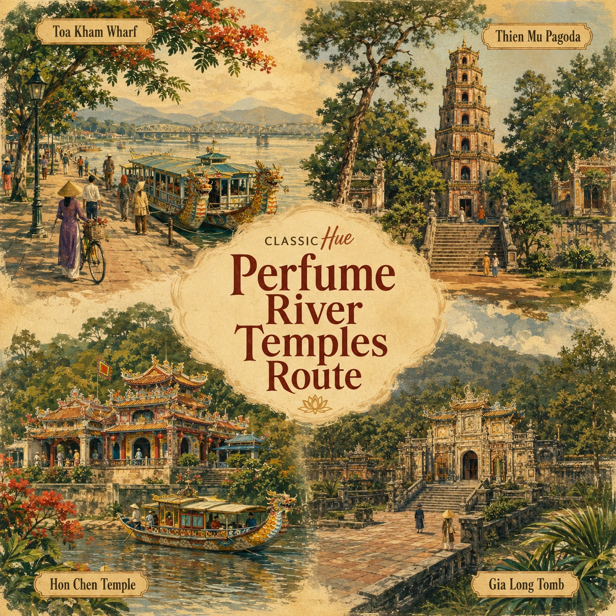 Illustrated Perfume River Temples route in Hue