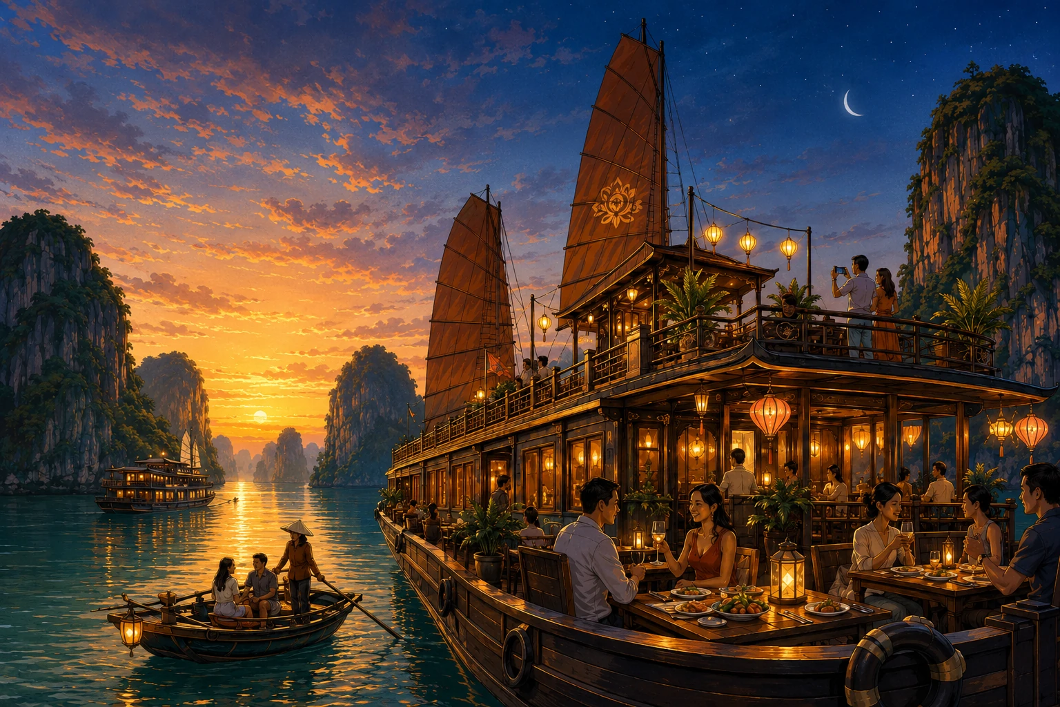 Travelers enjoying Ha Long Bay Overnight Cruise in Ha Long Bay