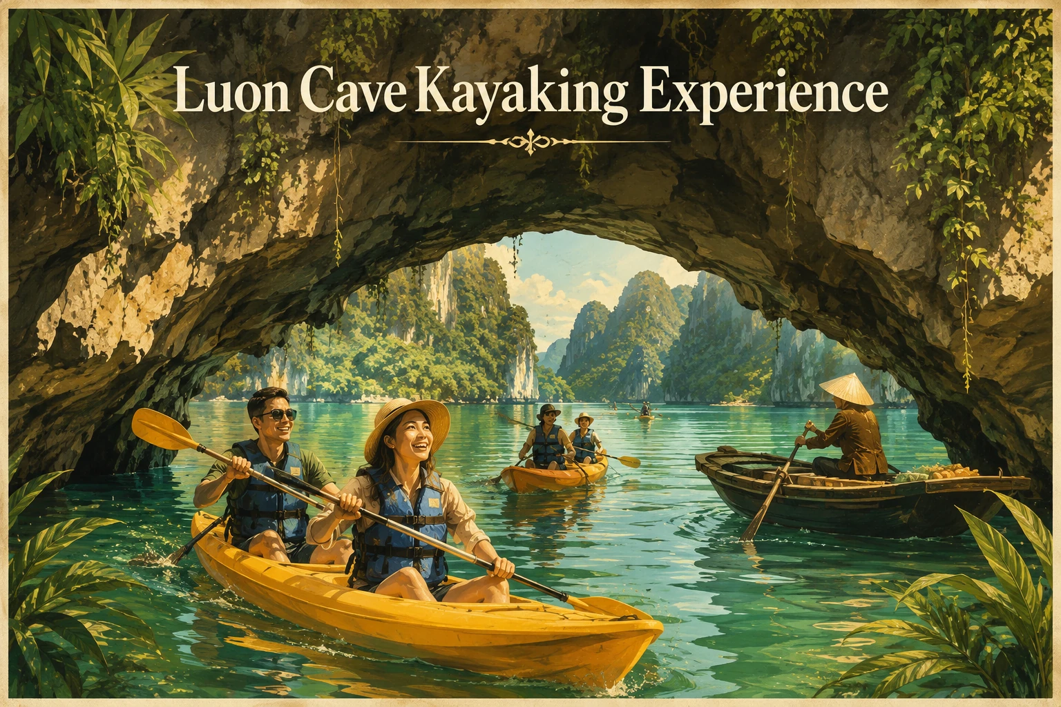Travelers enjoying Luon Cave Kayaking Experience in Ha Long Bay
