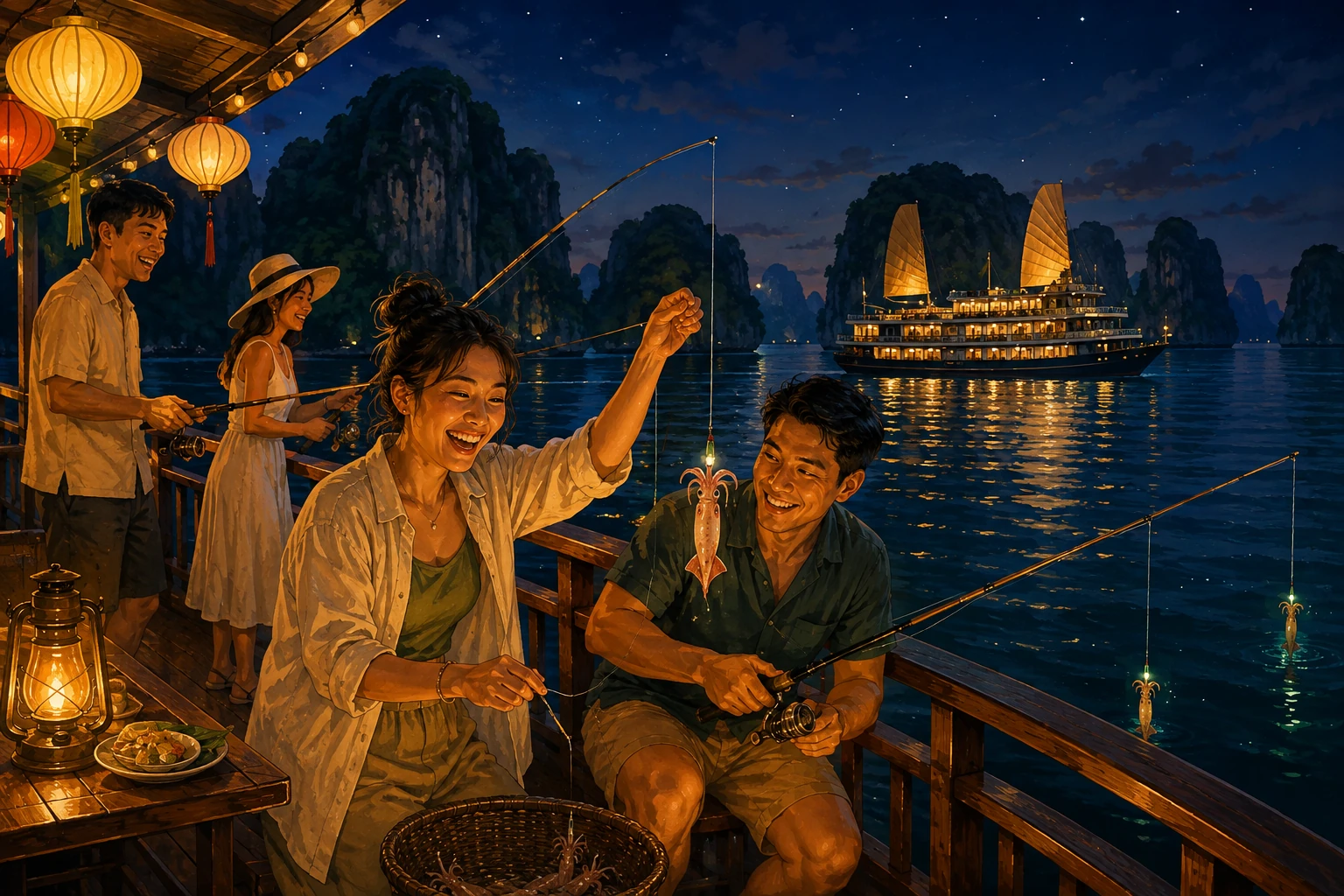 Travelers enjoying Night Squid Fishing Cruise in Ha Long Bay