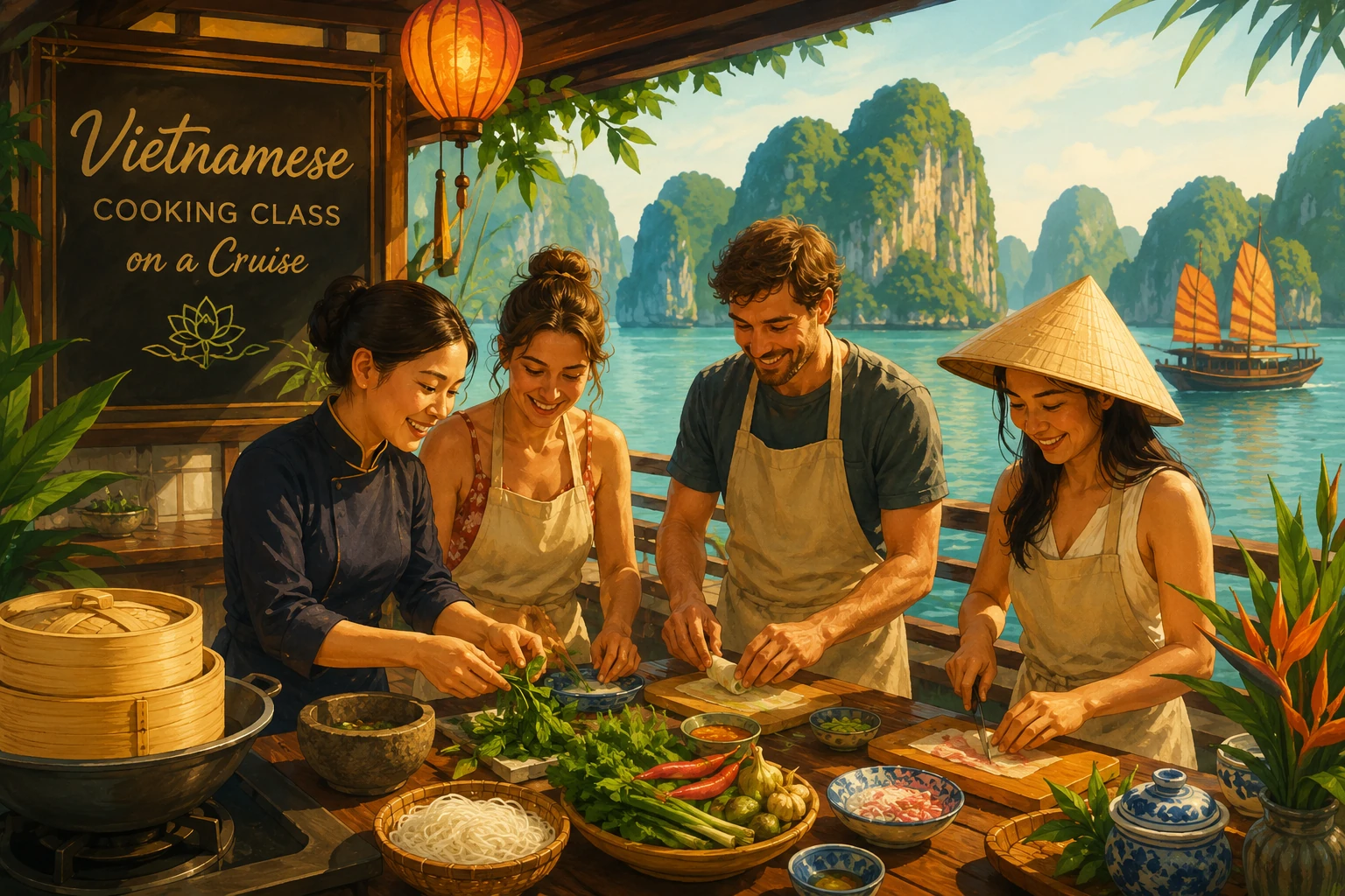 Travelers enjoying Vietnamese Cooking Class Cruise in Ha Long Bay